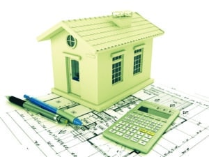 Planning home: blueprint, pencil and calculator. 3D rendering